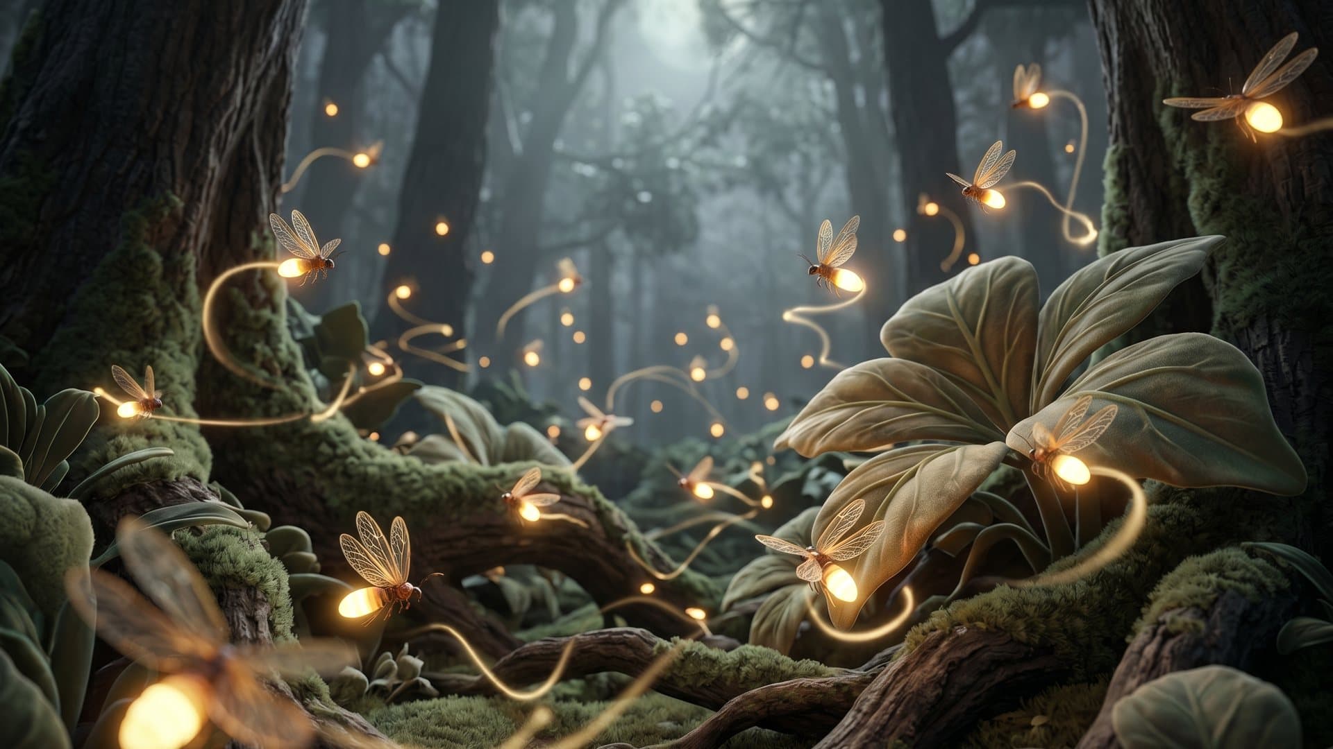 Glowing fireflies drifting through a moonlit forest of mossy trees